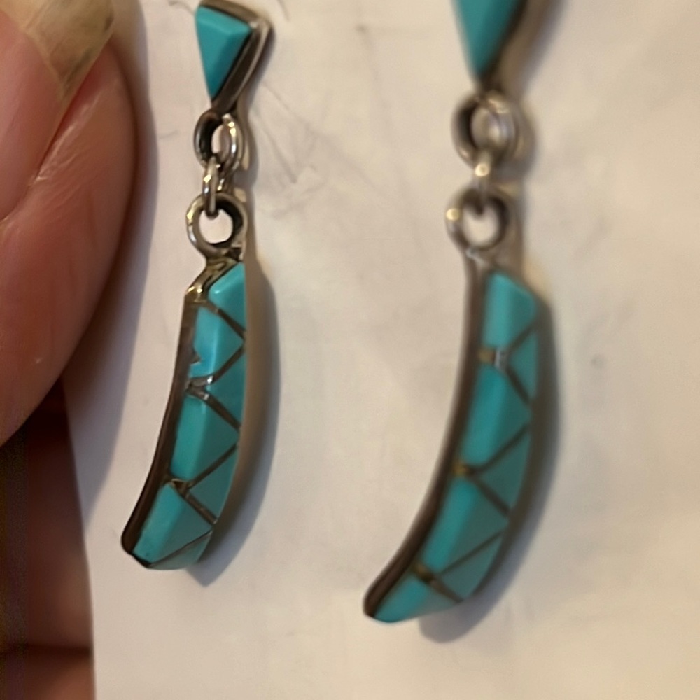 Vintage stamped Zuni sterling silver old pawn turquoise dangle earrings